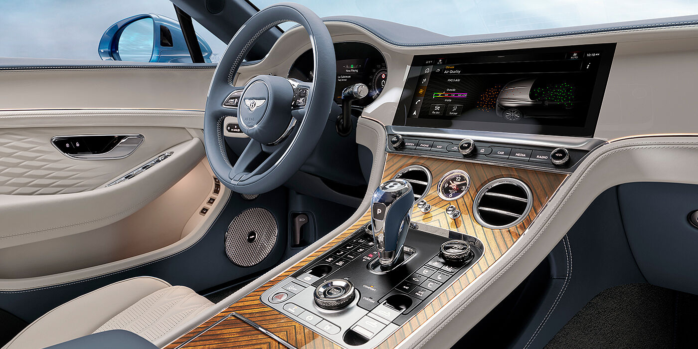 Bentley Tallinn New Bentley Continental GTC Azure convertible interior front cabin view with Linen and Brunel hides and Piano Linen by Mulliner veneer featuring centre console and centre MMI screen