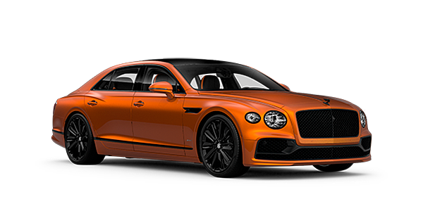 Bentley Tallinn Bentley Flying Spur Speed front side angled view in Orange Flame coloured exterior. 