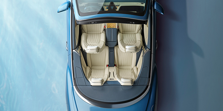 Bentley Tallinn New Bentley Continental GTC Azure convertible in Light Windsor blue paint overhead view of cabin with stitched Linen and Brunel hides